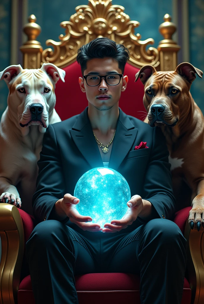 A 20-year-old man with elegant black glasses with two pitbull dogs on either side of a golden throne holding in the palm of his hand a large crystal ball with the name Tiktok Andres.