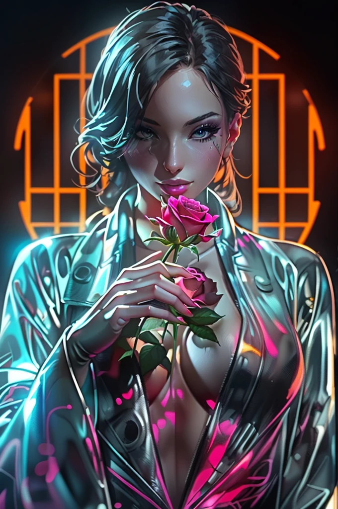 a woman in a shiny jacket holding a rose in her hand, cyberpunk cyborg. roses, glossy digital painting, cyberpunk flowerpunk, cyberpunk art style, rossdraws digital painting, beautiful digital artwork, rossdraws 1. 0, style digital painting, stunning digital illustration, exquisite digital illustration, elegant digital painting, rossdraws cartoon vibrant, 🌺 cgsociety, futuristic art style