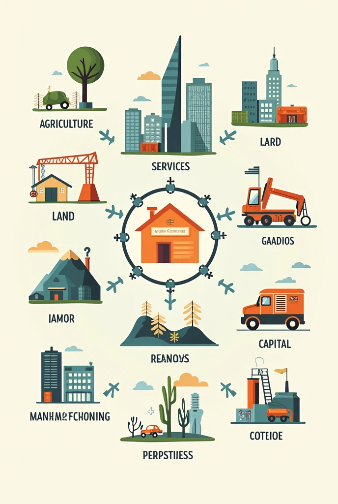  Images of economic sectors and factors of production, with letters in the image indicating each of these sectors 