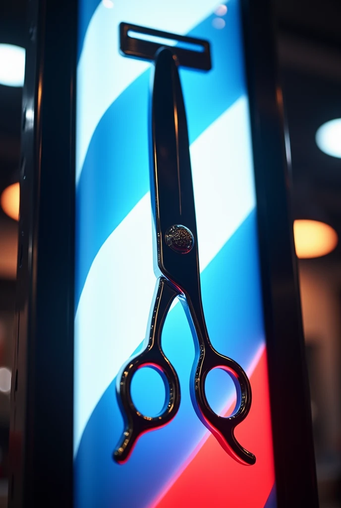 Barbershop sign with razor, scissors and black colors, white, blue, futuristic red