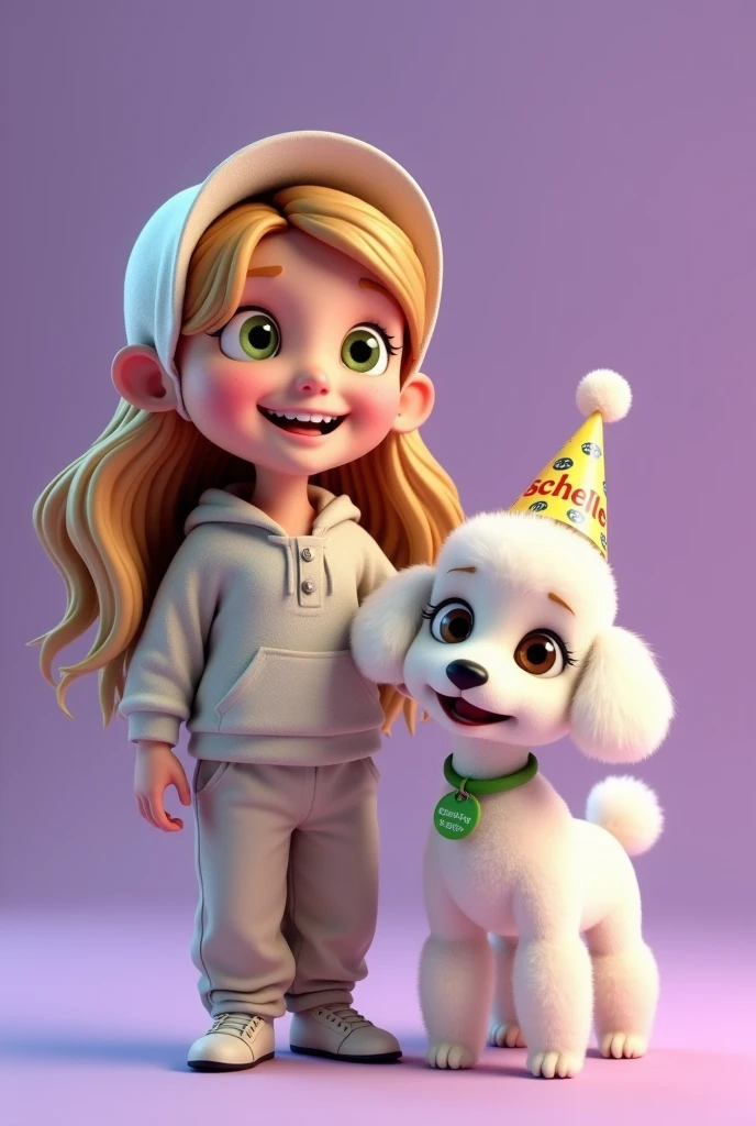Disney Pixar style 3d render of an girl with long blonde hair, round face with big green eyes like slanted, wearing loose clothing, very comfortable. With a beautiful smile and a bonnet that says "Sheila". next to the girl, a female white haired mini toy poodle, a little taller than the previous dog, Brown eyes, fluffy with lots of curls also has a birthday hat that says "Sheila" and a green necklace with a tag that says "Forget it". Violet plain background.