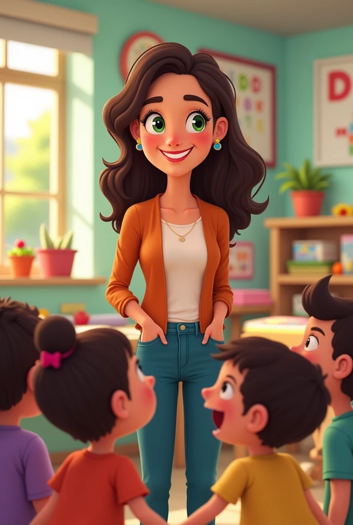A teacher with dark brown wavy hair and dark green eyes and a broad forehead with her three-year-old students in a primary education classroom