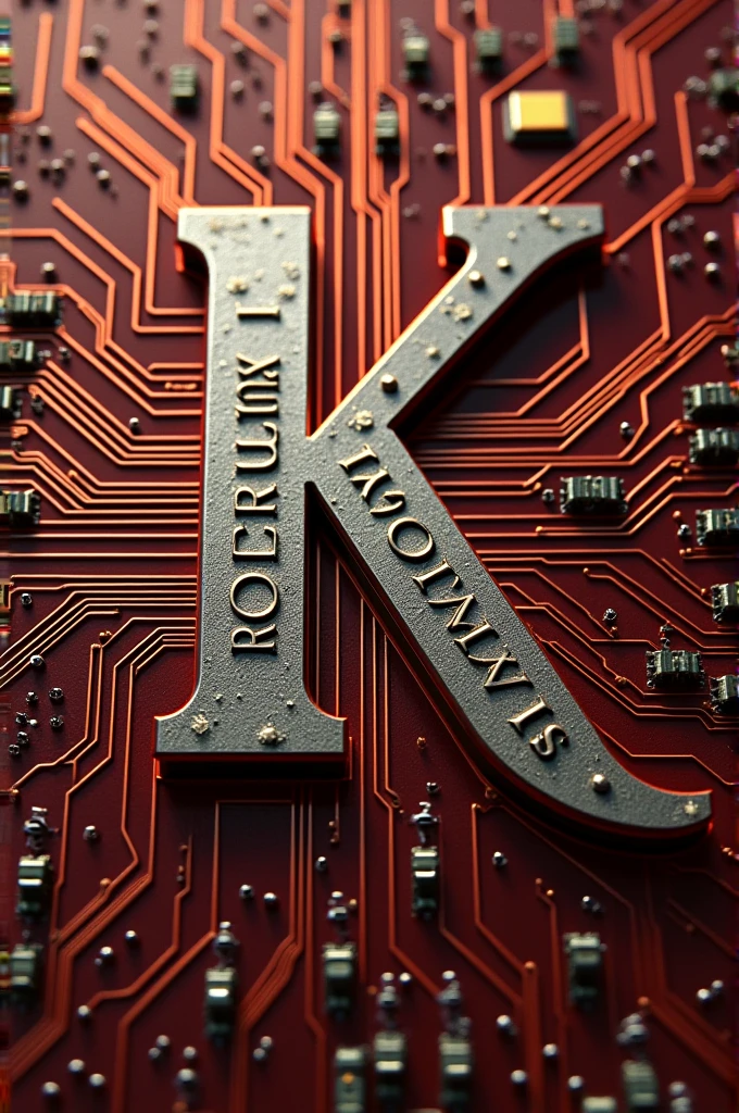 Create an image of KATARSIS in large letters and ROCKWELL in small letters with wine color, orange and white. In the background an electronic component.