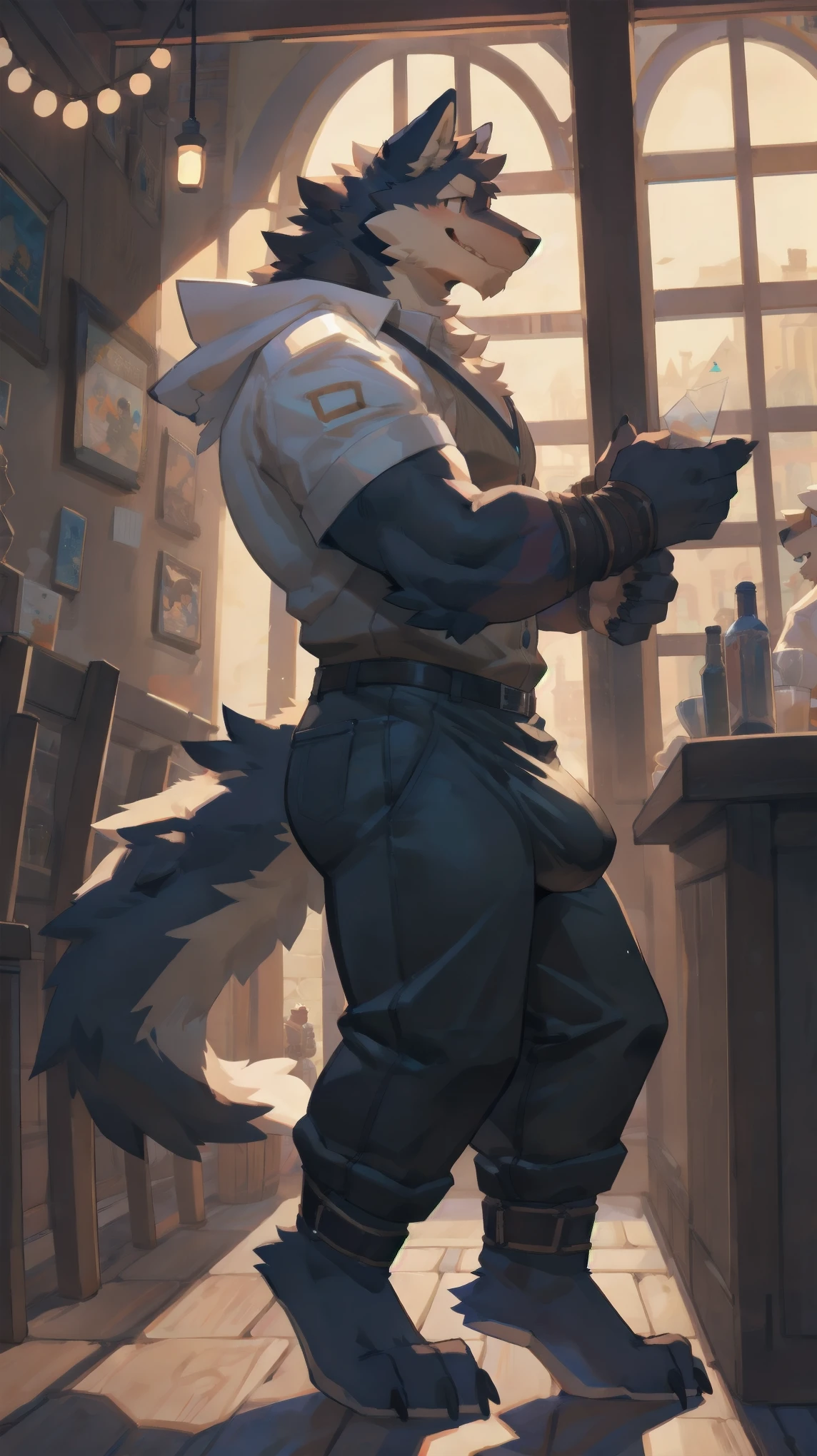 Solo, male, dancing at tavern, bulge, by bigcozyorca, by goonie-san, by bebebebebe, by spikedmauler, side view, big buff , wolf tyrannosaurus hybrid, black fur, black fur, bushy tail, buff, wearing fantasy iron plated armor, tall, masculine, bulge, sexy, playful, joyful expression