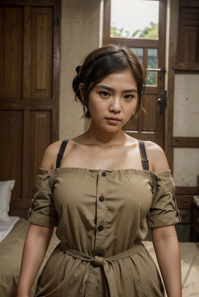 1girl, beautiful detailed female vietcong woman, young, vietnam, southeast asia, southeast asian face, voluptuous, curvaceous, short, petite, thicc, thin thighs, wide hips, natural, natural lashes, no makeup, glistening sweat, teenager, ulzzang, cute face, thin face, skinny face, thin cheeks, tsundere, annoyed face, angry face, angry brows, frowning, small nose, thin eyes, thin lips, traditional clothing, military clothing, baggy clothing, shirt collar, buttoned clothes, military harnesses, clothing slipping off shoulder, communist cap, arafed woman, vietnamese farmer, vietnam harvest, vietnam rural travel, vietnamese woman, traditional vietnam, rural vietnam, in bed, makeshift bed, fields, impoverished, disheveled, farmer, farming, messy thick luscious hair, tied short hair, short hair, traditional hairstyle, cute hairstyle, cute haircut, bob cut with pigtails, detailed face, penetrating eyes, beautiful detailed lips, extremely detailed skin, detailed clothing, colorful clothing, (best quality,4k,8k,highres,masterpiece:1.2),ultra-detailed,(realistic,photorealistic,photo-realistic:1.37), natural lighting, warm color tones, cinematic composition