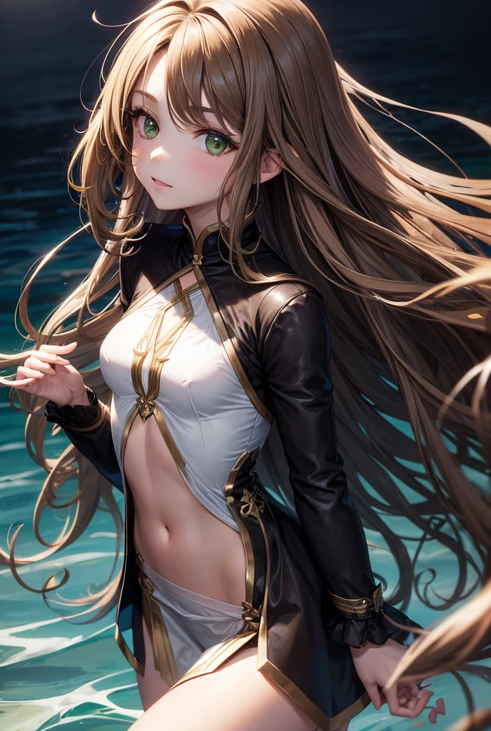 girl with long light brown hair with waves and green eyes, medium breasts and small waist With tunic