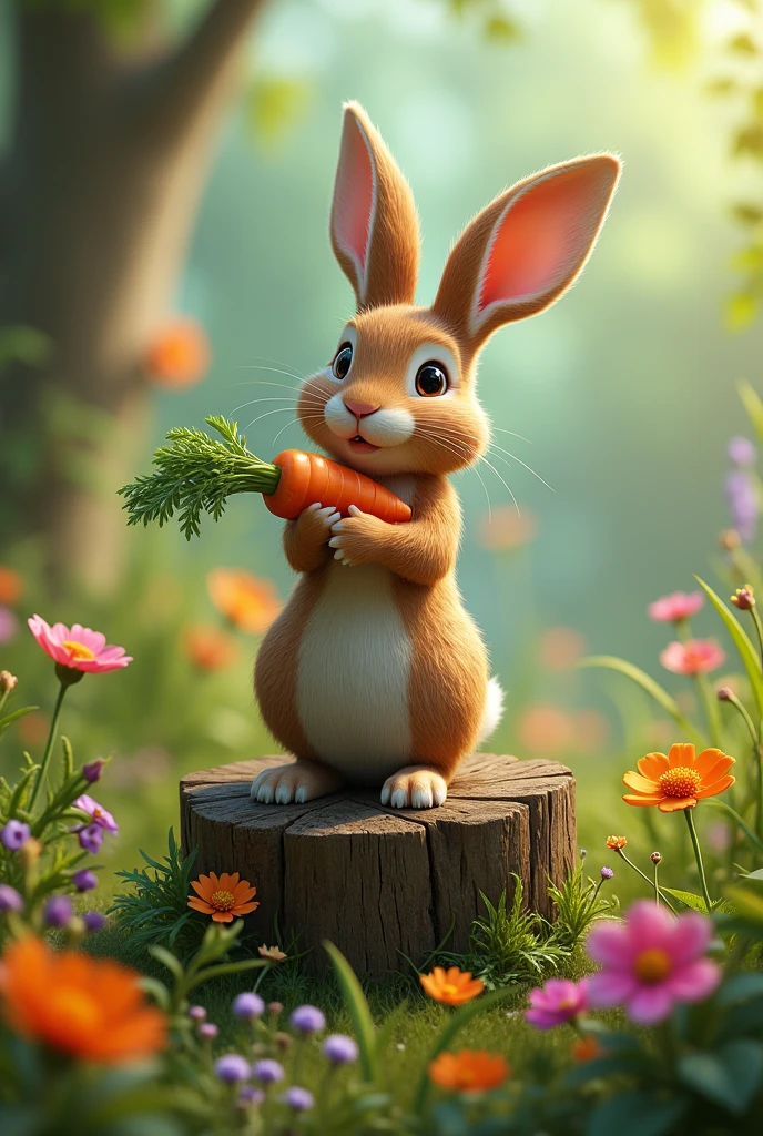 Wild rabbit eating carrot on a trunk with lots of vegetation and flowers