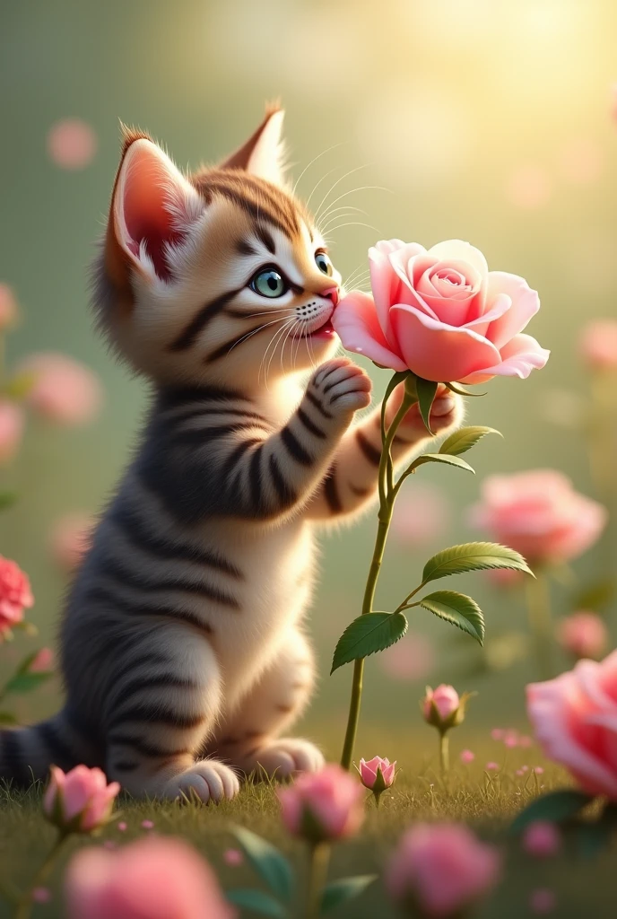 Realistic  cat smelling a rose in love