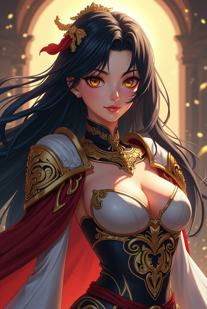 female character, with long black hair and brown eyes with drawing style of the knights of the zodiac