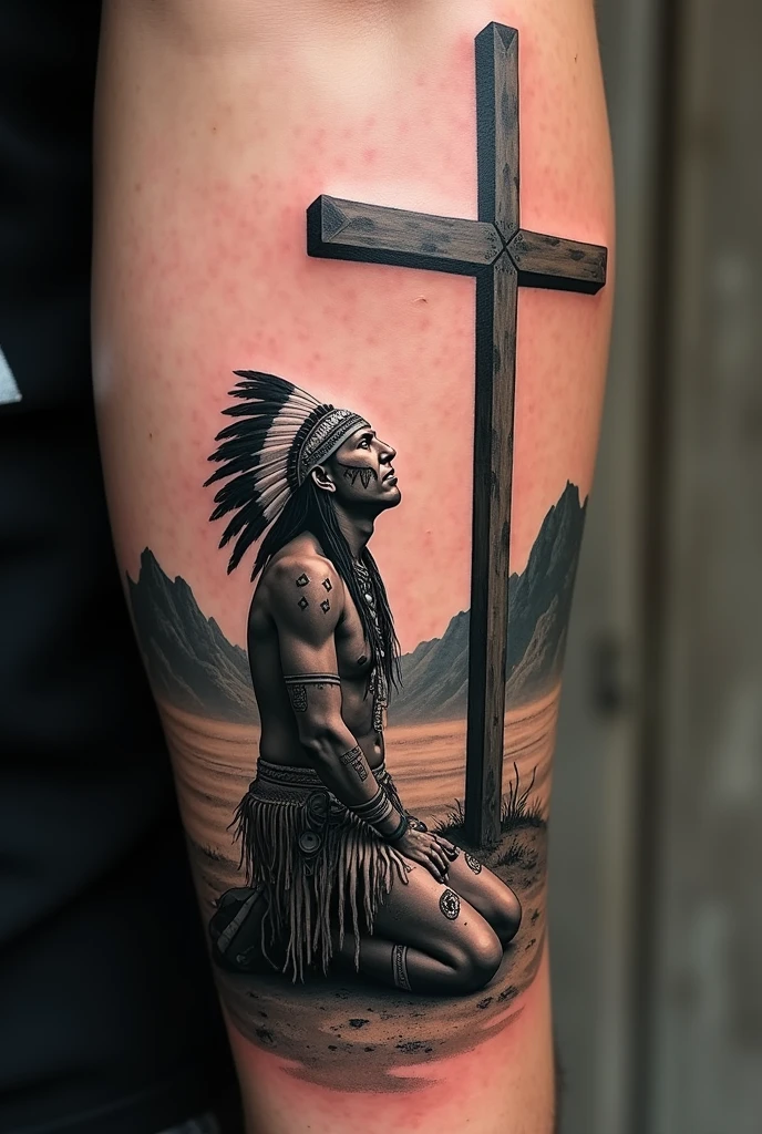 Make me a drawing for a realistic tattoo of an Apache kneeling to God on his cross 