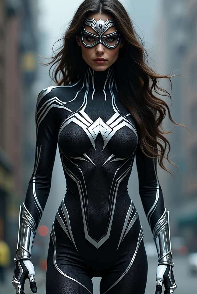 (((Black symbiote))),(((Spider-woman))),(((Una hermosa mujer de cabello negro largo bajo el manto de la aracnida Jessica Drew alias Spider-woman))),(((Black arachnid one-piece leather suit))),(((Giant silver Wonder Woman emblem covering her breasts))),(((Long white boots up to her knees))),(((long white gloves ))),(((With Symbiote skin running all over his skin))),(((Black metal bracelets))),(((Simbionte Spiderman))),(((Piel de Black symbiote))),(((Silver metal headband with a white spider on its forehead))),(((spiderman visor glasses)))