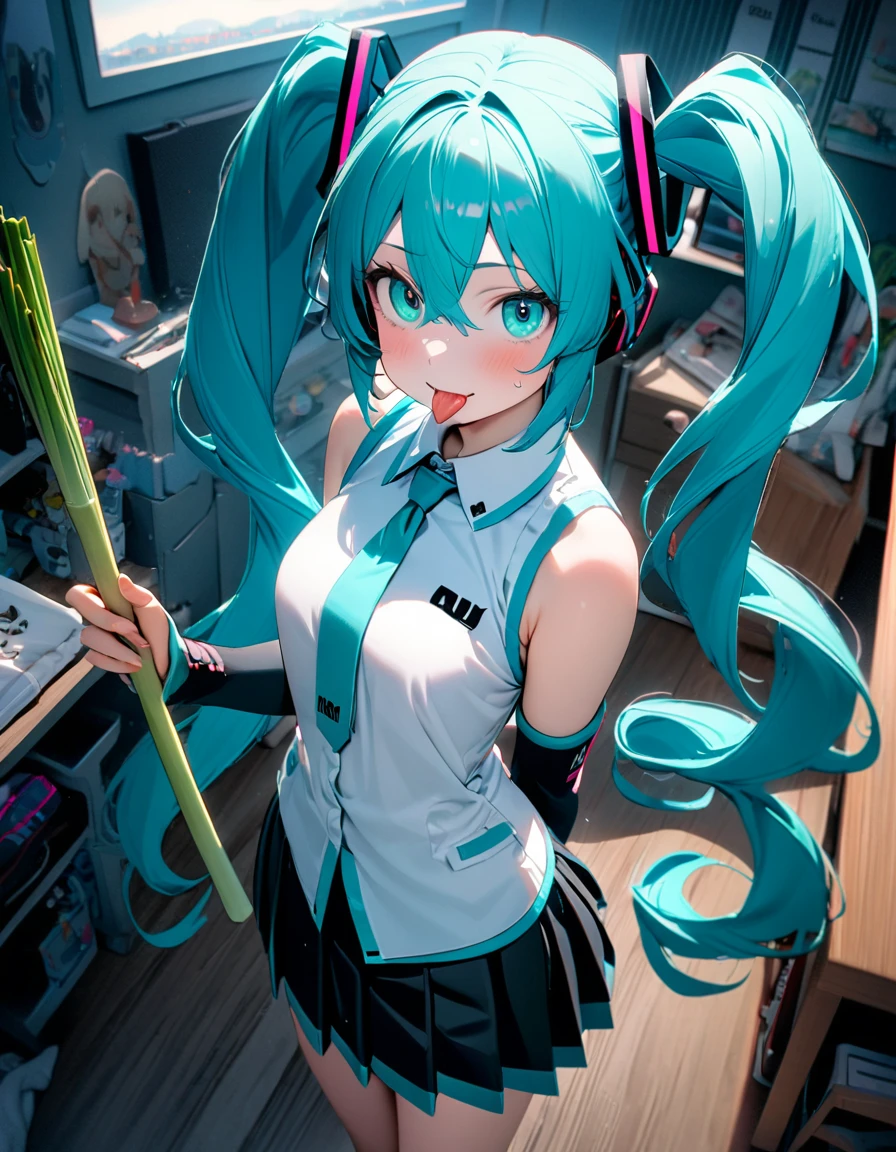 (8K, best quality, master piece: 1.2),ultra-high resolution,1girl, hatsune miku,aqua eyes,ultra-detailed face,detailed eyes,Center tongue piercing,holding a leek,curly hair, very long twin tails,aqua eyes,tongue out,Sleeveless shirt, arm covers,Pleated skirt,standing, Otaku's room