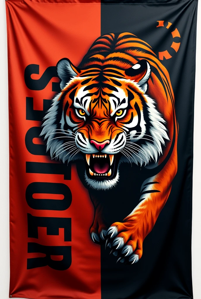 A red and black flag with tiger written first on the side without tiger written on it