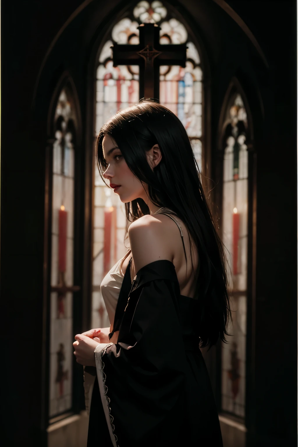 (masterpiece, top quality, best quality, official art, beautiful and aesthetic:1.2), (black and white:1.5), a pale girl with white skin, long hair flowing, black hair, blood dripping from above, stained glass behind with a cross behide , occult, oil painting:1.5, gloomy, holy, dark background, black background, a dark shadow behind, side view 