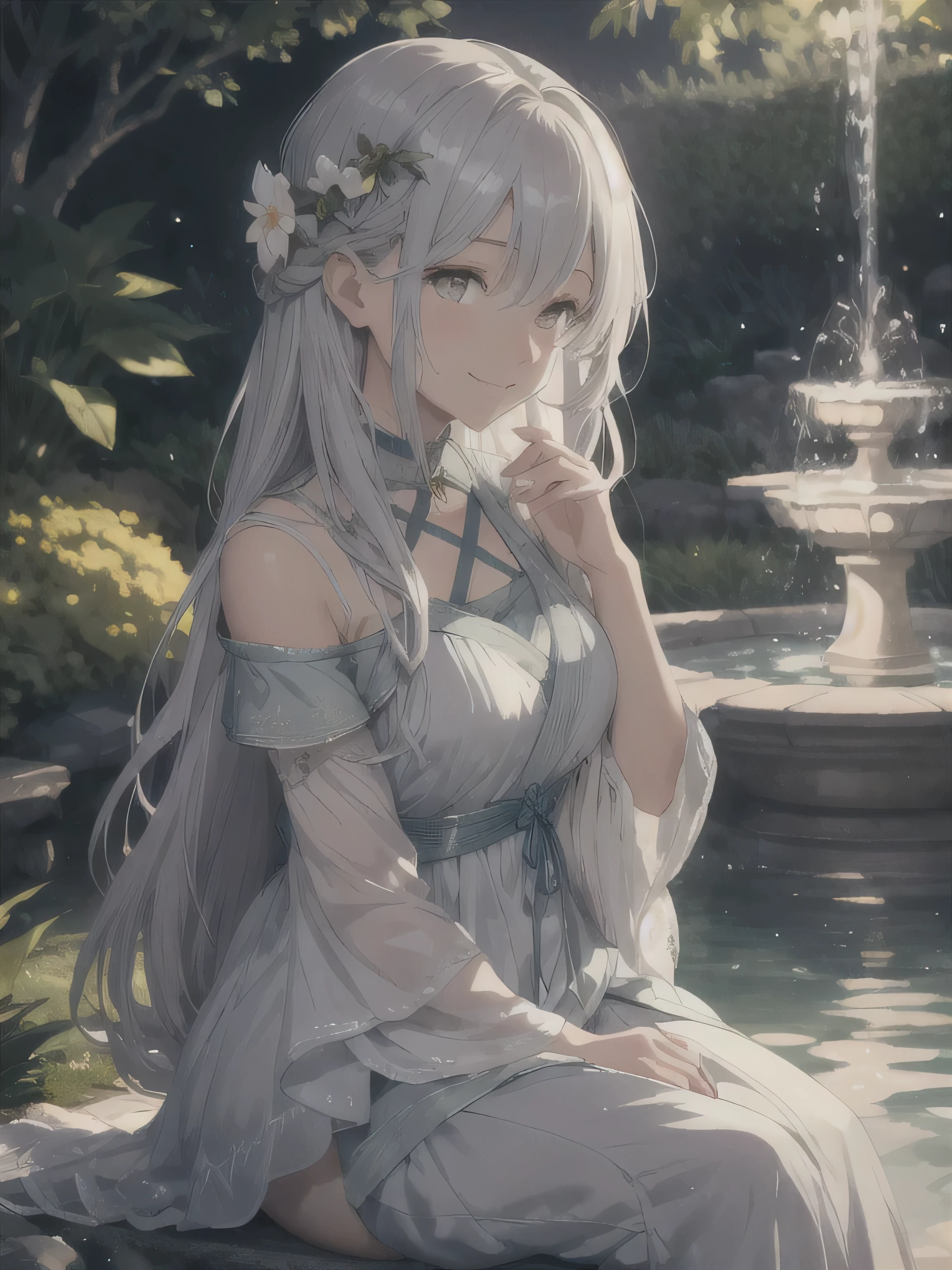 /imagine prompt: Lyra Ophelia, sitting by a quiet fountain in a serene garden at twilight, her long grey hair cascading over her shoulders like silver threads, her grey eyes reflecting the soft glow of the setting sun. Her skin is flawless, glowing softly in the twilight, and her smile is warm and inviting. The garden is filled with the scent of night-blooming flowers, and the gentle sound of water adds to the peaceful ambiance that complements her calming presence. Created Using: twilight lighting, serene setting, high-resolution photography, soft focus, cinematic realism, hd quality, natural look