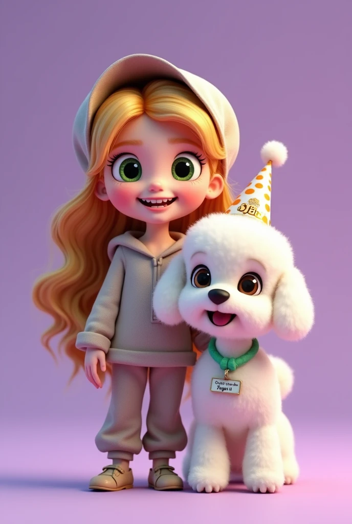 Disney Pixar style 3d render of an eleven year old girl with long blonde hair, round face with big green eyes like slanted, wearing loose clothing, very comfortable. With a beautiful smile and a bonnet that says "Sheila". next to the girl, a female white haired mini toy poodle, a little taller than the previous dog, Brown eyes, fluffy with lots of curls also has a birthday hat that says "Sheila" and a green necklace with a tag that says "Forget it". Violet plain background.