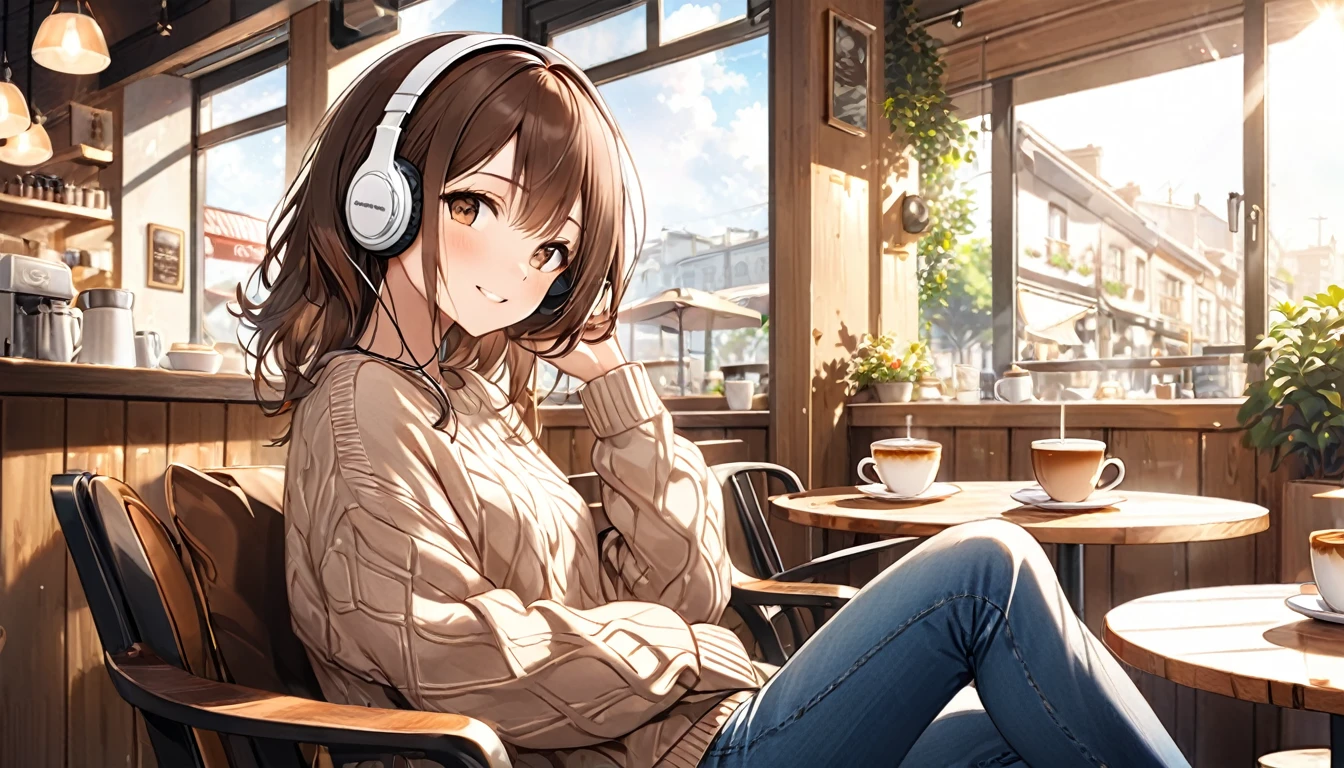 background：By the window of the café。outside light shines in、Warm wooden interior。
expression：Gentle smile。Relaxed and enjoying a cup of coffee。
Costume：Casual sweater and jeans。Natural shades。
Pause：Perched on a chair、Hold a coffee cup in one hand、The other hand is on your knee。
scene：In a quiet cafe、Taking a breather in the morning sunlight.。
(Brown haired woman wearing headphones), (Relaxing morning at the cafe), (Very detailed, masterpiece, Highest quality, bright), (Anime Style), (Cowboy shot or close-up)。
