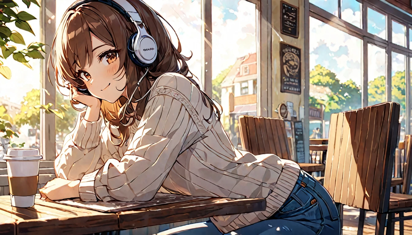 background:By the window of the café。outside light shines in、Warm wooden interior。
expression:Gentle smile。Relaxed and enjoying a cup of coffee。
Costume:Casual sweater and jeans。Natural shades。
Pause:Perched on a chair、Hold a coffee cup in one hand、The other hand is on your knee。
scene:In a quiet cafe、Taking a breather in the morning sunlight.。
(Brown haired woman wearing headphones), (Relaxing morning at the cafe), (Very detailed, masterpiece, Highest quality, bright), (Anime Style), (Cowboy shot or close-up)。