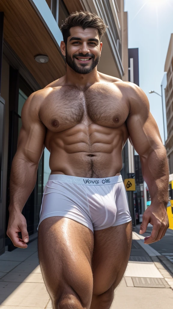 A slim man 42yo with atletic body walking on street, very shiny body skin, wearing white sportive short, large lips, Wide shoulders , too much light particles , naughty smile, esportive uniform, Black short wavy hair fade , double nice bulge shape, wavy vpl, hairy giant chest, slim body, pubic hair, standed, staring at camera, long legs.