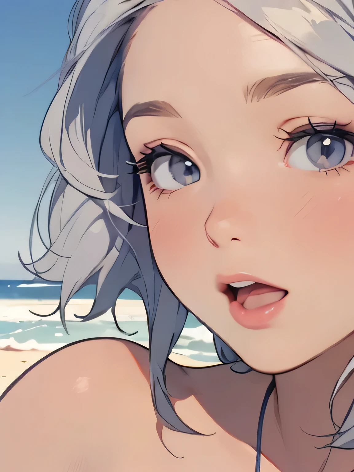 ((high quality colour line art)), (highly detailed), ((cute girl face)), (naked), (((((small tits))))), ((star-shaped blue necklace)), (((sunny beach))), ((pale skin)), (((anatomically correct))), (long white hair), (((chubby))), (singing), ((close-up)), ((grey eyes)), ((whole face))