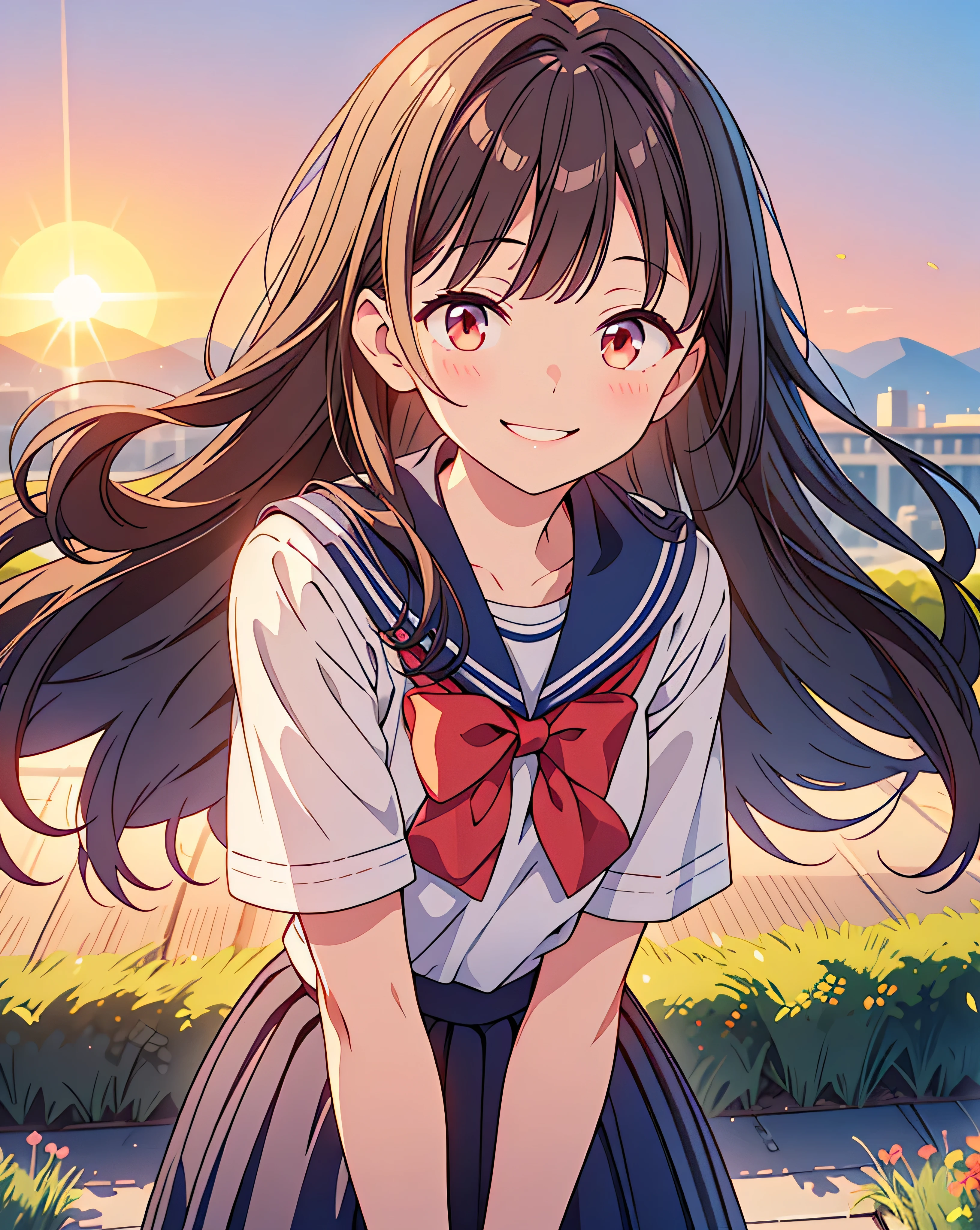 Highest quality, 32K, High resolution, masterpiece:1.5, Beautiful girl, Illustration with anime touch, Rich emotional expression, Very beautiful face, Perfect Human Anatomy, Perfect hands, 親refer toと4refer to, Big Red Eyes, ((A kind smile:1.4)), Shiny brown hair, Long Hair, Asymmetrical bangs, Hair between the eyes, transparent, Soft white skin, Small and pretty lips, ((Short-sleeved sailor uniform:1.1)), Red bow tie, Navy Pleated Skirt, Railway tracks stretching to the horizon, ((The rising sun:1.2)), ((Ultra-detailed and beautiful skies:1.2)), Gentle sunlight, mysterious