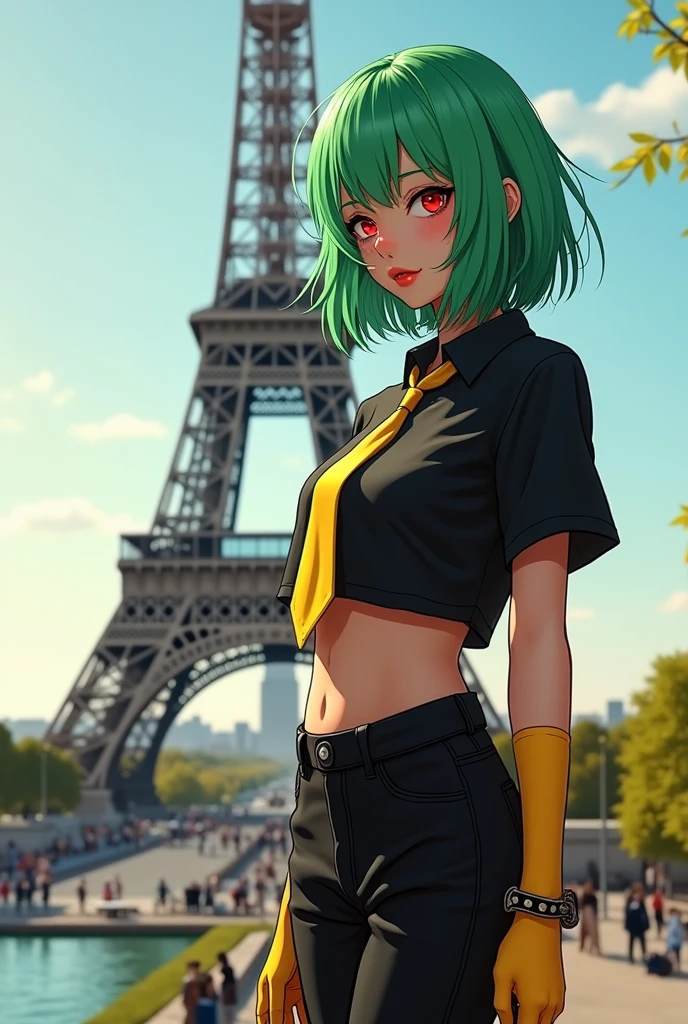 Girl with semi-long green hair, red eyes with a black short sleeve shirt, with a yellow tie and black pants with yellow socks, in the background in the landscape the Eiffel Tower. Digital art style.