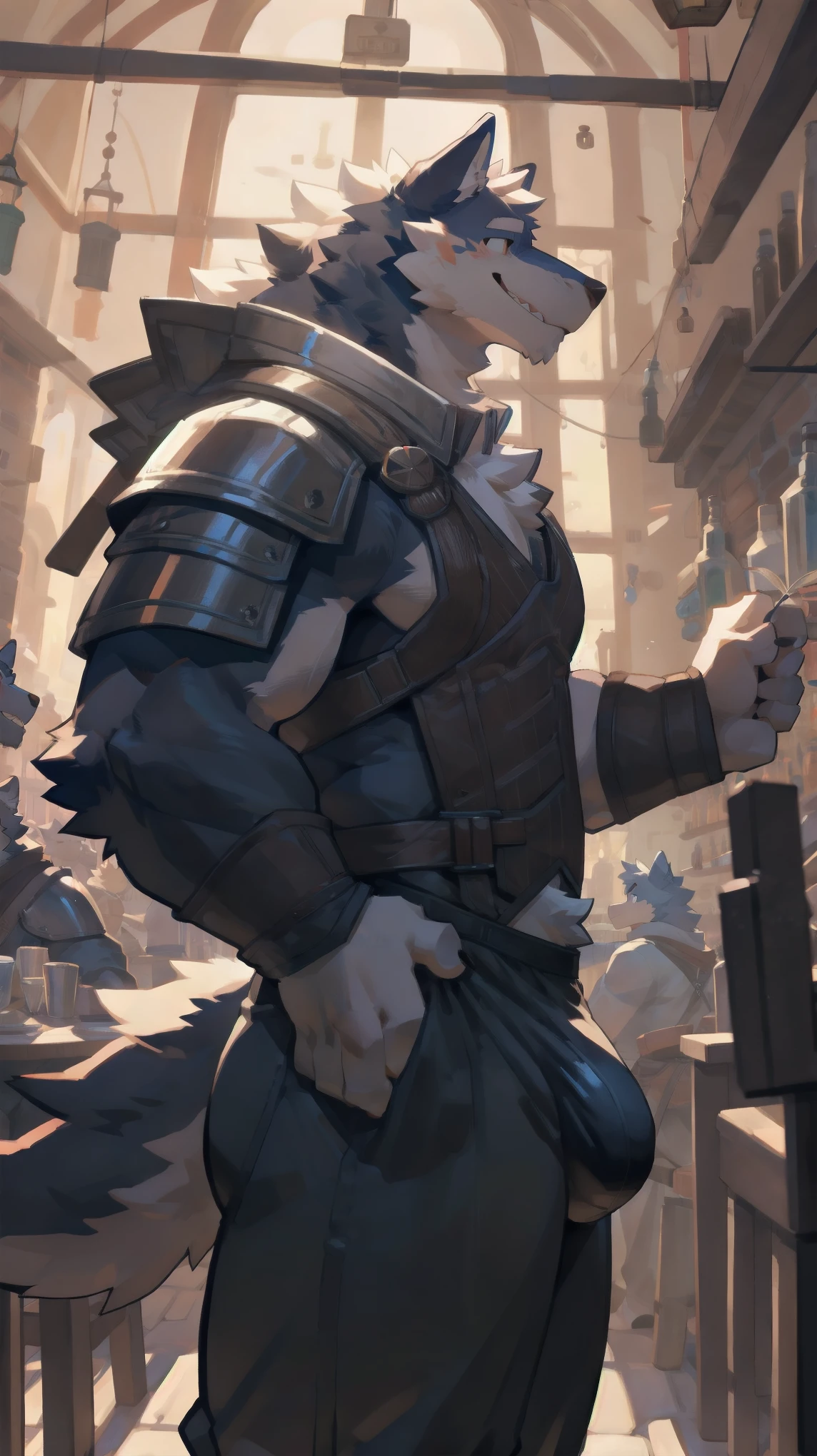 Solo, male, dancing at tavern, bulge, by bigcozyorca, by goonie-san, by bebebebebe, by spikedmauler, side view, big buff , wolf tyrannosaurus hybrid,  black fur, black fur, bushy tail, buff, wearing brown fantasy knights armor, tall, masculine,  bulge, sexy, playful, joyful expression 