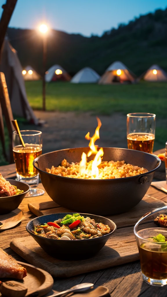 8k,Very detailed, masterpiece,High resolution,Highest quality,Increase the resolution,Cinema Lighting,Tableware made from bones,Primitive meat dishes,camp,Camp,Outdoor,Starry Sky,Rum Rocks,whisky
