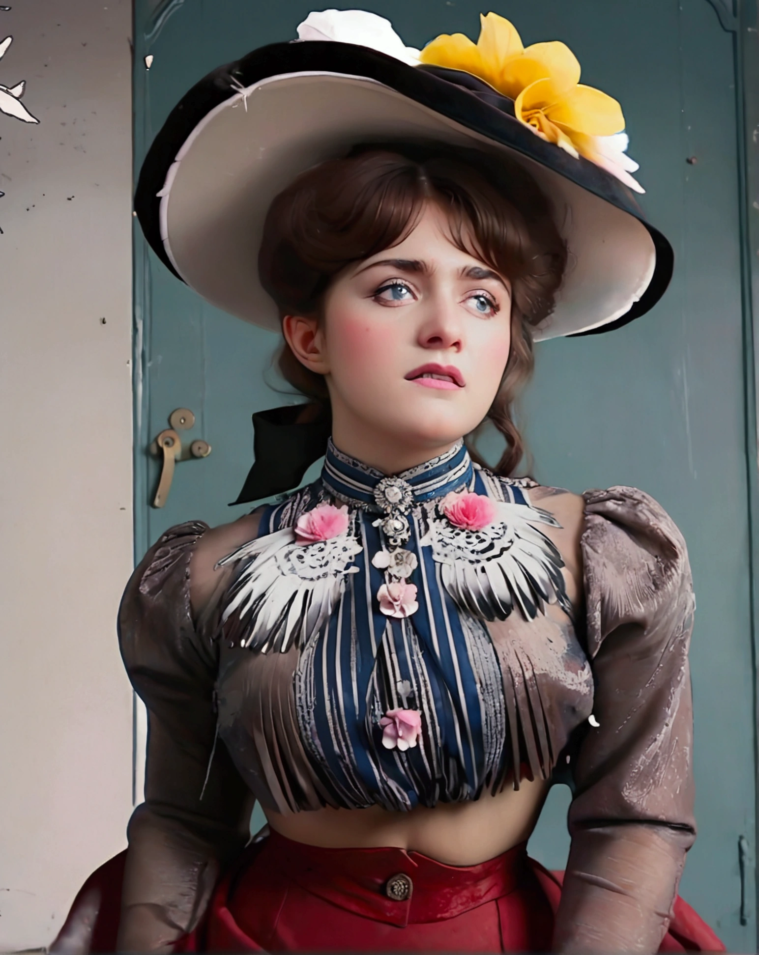 (masterpiece), (realistic), (((NSFW))). (ultra hd 8k), (realistic body proportions) very old man (69yo) in a business suit pushing his chest against very hot curvy young teen Gibson Girl (yo) on her back wearing a 1900_dr3ss and picture hat topped with feathers and flowers, Edwardian outfit consisting of a high-collar long sleeve shirtwaist, skirt, petticoats, silk stockings and boots) back inside a very crowded train. Edwardian setting. Harassment, girl trying to get away from the man's embrace