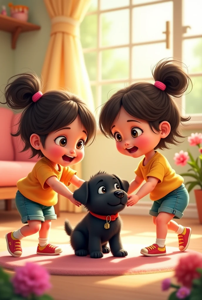 Two twin girls enjoy playing with their cute little black puppy dog in cartoon

