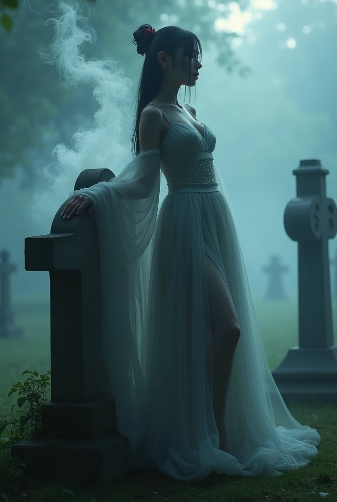 (Female ghost:1.7)、(((In the fog)))、((The body is blurred))、young woman、((Beauty))、Japanese、(Cute face)、1、((sexy))、Background Graveyard、(((Leaning on the grave)))、(((sexyな衣装)))、soul、(((Smoke is coming from below)))、(best quality,4K,8k,highres,masterpiece:1.2),ultra-detailed,(realistic,photorealistic,photo-realistic:1.37),HDR,uhd,studio lighting,ultra-fine painting,sharp focus,physically-based rendering,extreme detail description,professional,vivid colors,bokeh,cinematic lighting,dramatic shadow,