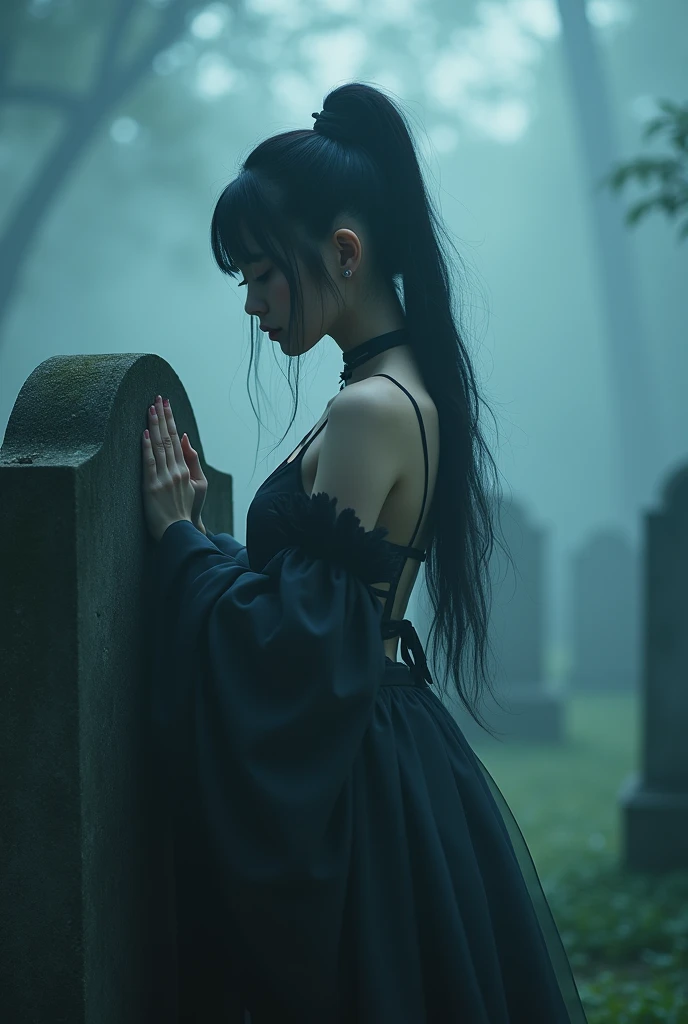(Female ghost:1.7)、(((In the fog)))、((The body is blurred))、young woman、((Beauty))、Japanese、(Cute face)、1、((sexy))、Background Graveyard、(((Leaning on the grave)))、(((sexyな衣装)))、soul、(((Smoke is coming from below)))、(best quality,4K,8k,highres,masterpiece:1.2),ultra-detailed,(realistic,photorealistic,photo-realistic:1.37),HDR,uhd,studio lighting,ultra-fine painting,sharp focus,physically-based rendering,extreme detail description,professional,vivid colors,bokeh,cinematic lighting,dramatic shadow,