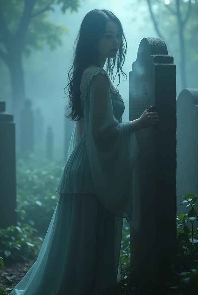 (Female ghost:1.7)、(((In the fog)))、((The body is blurred))、young woman、((Beauty))、Japanese、(Cute face)、1、((sexy))、Background Graveyard、(((Leaning on the grave)))、(((sexyな衣装)))、soul、(((Smoke is coming from below)))、(best quality,4K,8k,highres,masterpiece:1.2),ultra-detailed,(realistic,photorealistic,photo-realistic:1.37),HDR,uhd,studio lighting,ultra-fine painting,sharp focus,physically-based rendering,extreme detail description,professional,vivid colors,bokeh,cinematic lighting,dramatic shadow,