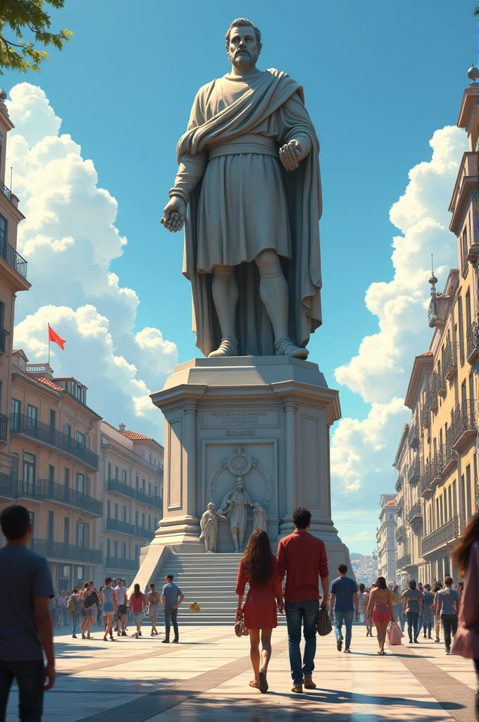 Lara and João approach the statue.