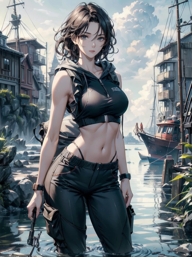 absurdres, RAW photo, extremely delicate and beautiful, masterpiece, Highest Quality, ultra high resolution, 32k, hyperrealistic, realistic, photorealistic, photo-realistic, Real, ultra-detailed, Very detailed CG 8k wallpaper, detailed background, landscape, Beautiful Lighting, Perfect Lightning, Realistic Shadows, perfect anatomy, anatomically correct, ideal ratio body proportions, perfect figure, Perfect Style, Perfect balance, super Detailed skin, 20 years old, very Slim body, narrow waist, very small head, very small face, delicate facial features, handsome detailed woman, very detailed eyes and face, realistic face proportions, Realistic beautiful face, Realistic beautiful eyes, tearful mole, earring, (very huge round tits), short medium hair, asymmetrical hair, wavy hair, thigh, knee, legs, Outdoor Vest, hoodie, Waders, Long pants, fishing, Big backpack, sleeveless,