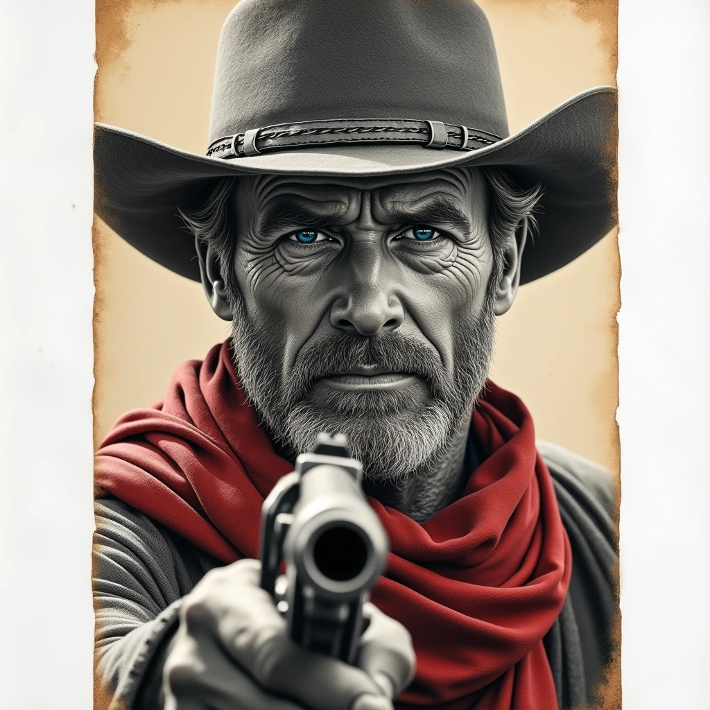 A highly detailed black and white pencil sketch, old west cowboy, weathered face, deep sapphire blue eyes, red kerchief, holding antique silver Colt 45 revolver, macro focus on barrel end, photorealistic, 4k, hyperrealistic, extremely detailed, cinematic lighting, dramatic shadows, aged paper texture, intricate fabric folds, sharp focus, masterpiece