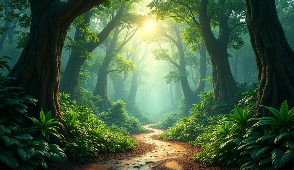 Create a picturesque rainforest with tall trees and wet paths., with particular attention to realism and soft lighting. The image must be in 4K format, with detailing of leaves and raindrops, a high resolution, Focus on details