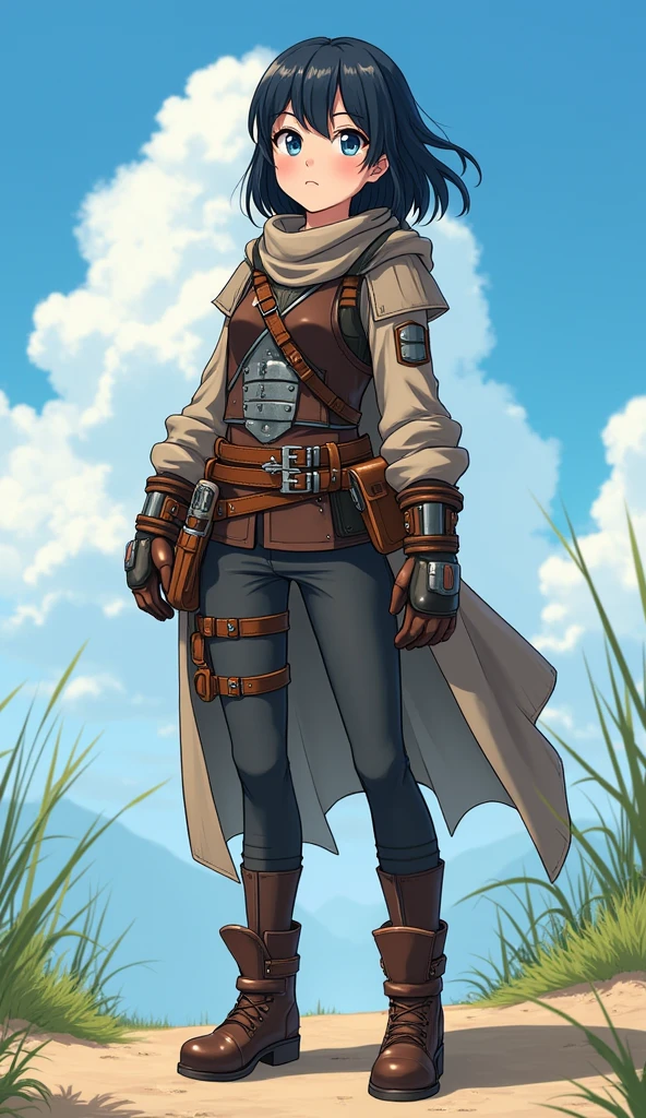 Anime girl  1 girl, black hair. blue eyes Freya wears a functional and stylish adventurer's outfit, designed to provide freedom of movement and protection. She wears a dark brown leather top, fitted to the body, with steel details on the seams and shoulders to offer some protection against light attacks. Over the top, she wears a reinforced leather vest, which has small metal plates embedded in it for added protection on the chest and upper back. The lower part consists of pants made of a strong and flexible fabric, dark gray in color, which fit comfortably on the legs, allowing agility in combat and exploration. Freya's boots are made of sturdy leather, designed to withstand long hikes and varied terrain. They have non-slip soles and reinforcement in impact areas such as the ankles and heels. To complete the look, Freya wears a belt with several pouches for carrying small items and a lightweight traveling cloak, which can be removed when necessary.Full body 