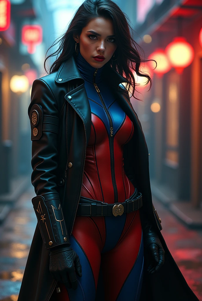 fully body, work of art、high quality 4k、villain (x-men)、Black jacke、red and blue bodysuit、work of art、highest quallity、Cowboy shots、A personの女の子、A person、Military Technology Body、btranca strip, Action pose, fully body. Vampire x-men m,qarvel, art nouveau scenario