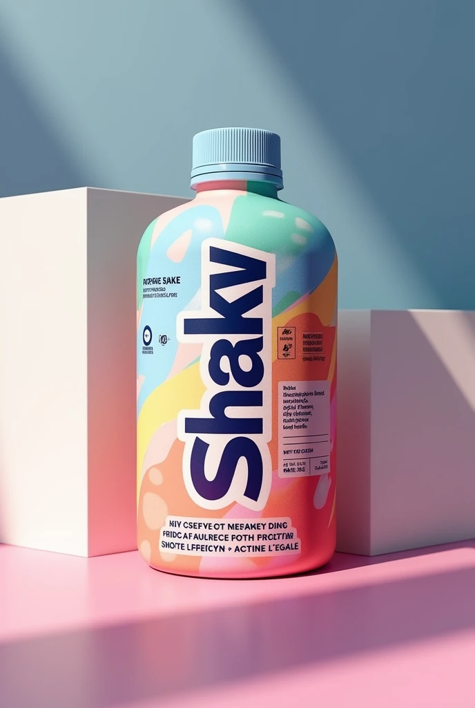 create protein shake with packaging with the logo that says shaky 
