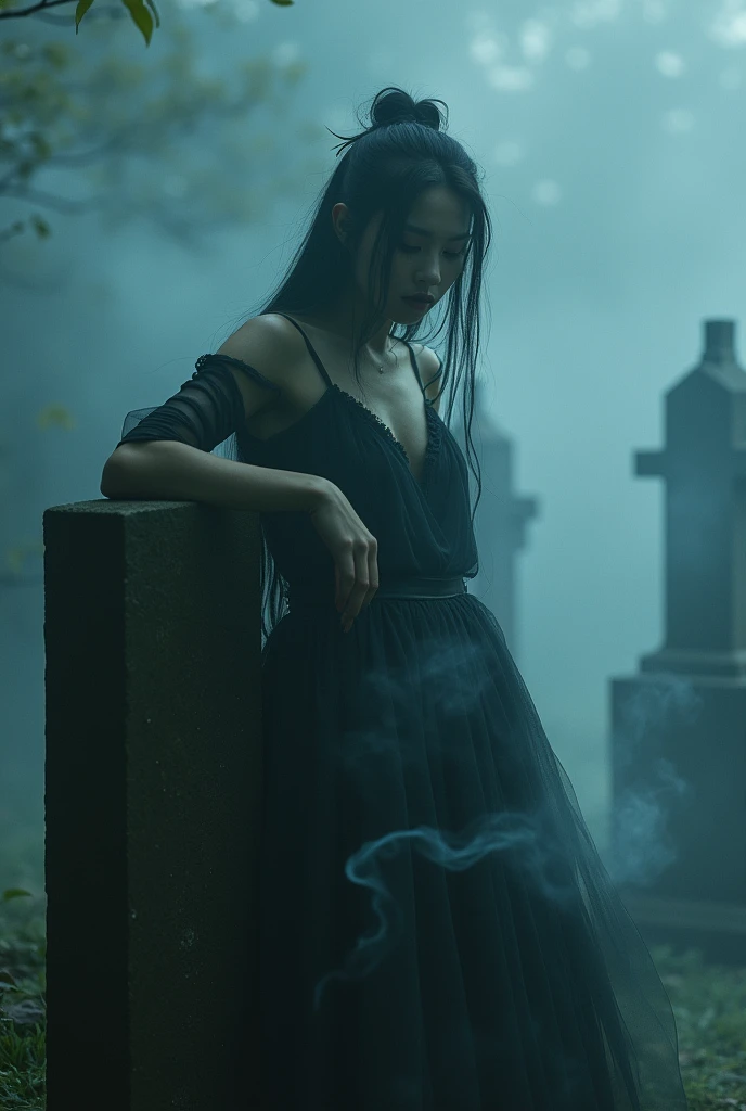 (Female ghost:1.7)、(((In the fog)))、((The body is blurred))、young woman、((Beauty))、Japanese、(Cute face)、1、((sexy))、Background Graveyard、(((Leaning on the grave)))、(((sexyな衣装)))、soul、(((Smoke is coming from below)))、(best quality,4K,8k,highres,masterpiece:1.2),ultra-detailed,(realistic,photorealistic,photo-realistic:1.37),HDR,uhd,studio lighting,ultra-fine painting,sharp focus,physically-based rendering,extreme detail description,professional,vivid colors,bokeh,cinematic lighting,dramatic shadow,
