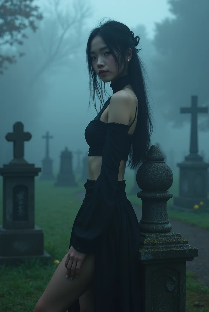 (Female ghost:1.7)、(((In the fog)))、((The body is blurred))、young woman、((Beauty))、Japanese、(Cute face)、1、((sexy))、Background Graveyard、(((Leaning on the grave)))、(((sexyな衣装)))、soul、(((Smoke is coming from below)))、(best quality,4K,8k,highres,masterpiece:1.2),ultra-detailed,(realistic,photorealistic,photo-realistic:1.37),HDR,uhd,studio lighting,ultra-fine painting,sharp focus,physically-based rendering,extreme detail description,professional,vivid colors,bokeh,cinematic lighting,dramatic shadow,
