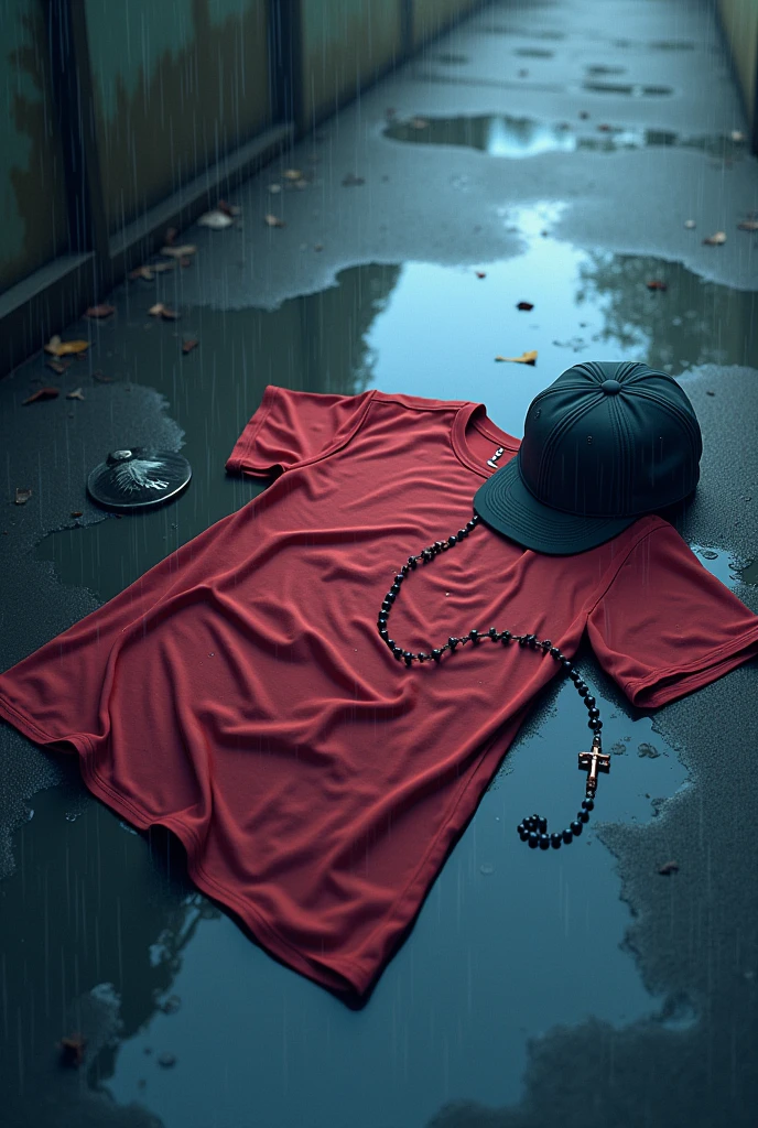 Red T-shirt crumpled on the floor and next to it a baseball cap and a rosary 2d style anime visually beautiful very anime Cinematic In a puddle in the wet rain