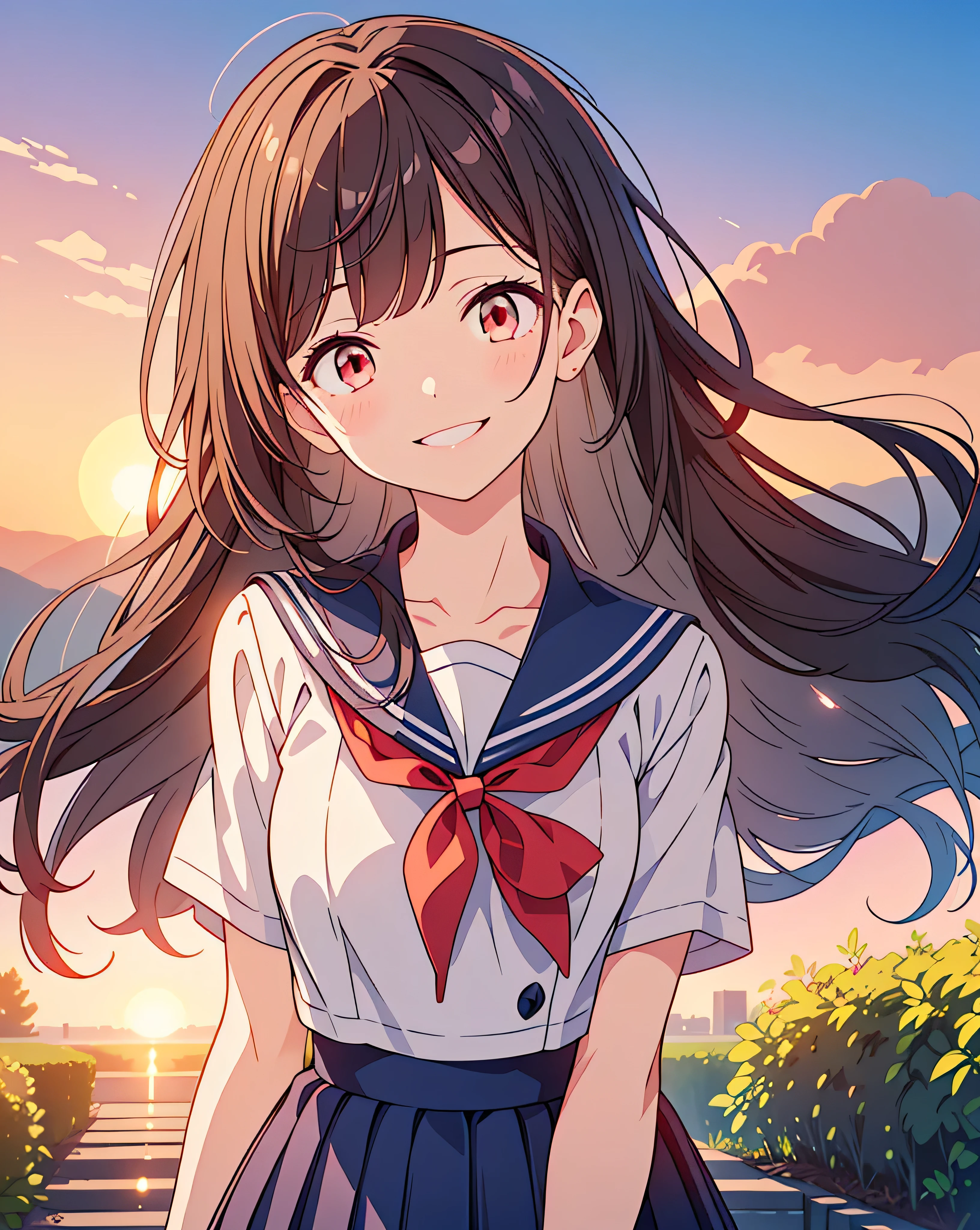 Highest quality, 32K, High resolution, masterpiece:1.5, Beautiful girl, Illustration with anime touch, Rich emotional expression, Very beautiful face, Perfect Human Anatomy, Perfect hands, 親refer toと4refer to, Big Red Eyes, ((A kind smile:1.4)), Shiny brown hair, Long Hair, Asymmetrical bangs, Hair between the eyes, transparent, Soft white skin, Small and pretty lips, ((Short-sleeved sailor uniform:1.1)), Red bow tie, Navy Pleated Skirt, Railway tracks stretching to the horizon, ((The rising sun:1.2)), ((Ultra-detailed and beautiful skies:1.2)), Gentle sunlight, mysterious