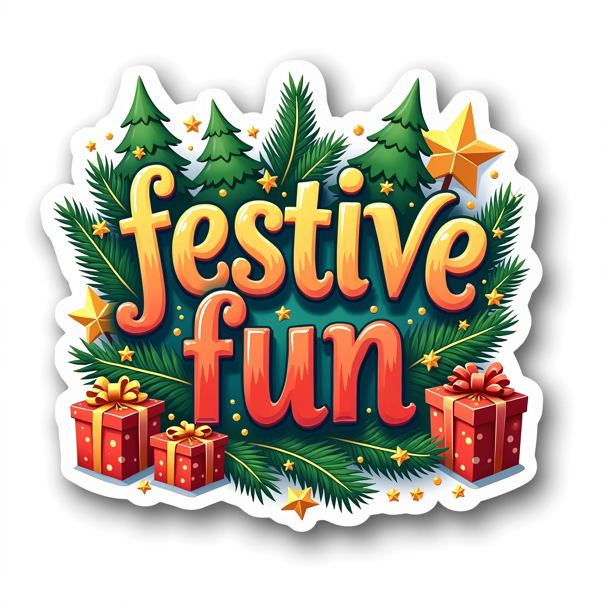 Sticker with the text "Festive Fun" in a vibrant style with a completely white outline around the text. Decorate yourself with Christmas trees, stars and presents in bright colors like red, green and gold.