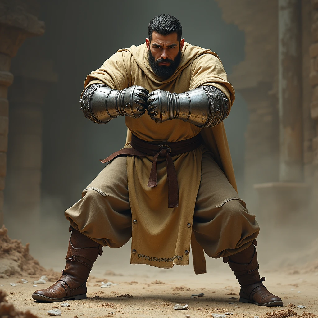 a commoner in a martial art combat stance, very heavy medieval steel gauntlets, bread vetiment, medieval leather boots, closed fists, disarmed. 