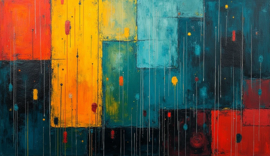 Using Kandinsky's style, create abstract rainforest paintings with focus on details and soft lighting. Pay attention to contrasting colors and textures, to make every drop of rain look especially impressive. Expected, that the image will be high resolution (4K) to convey maximum detail and quality.