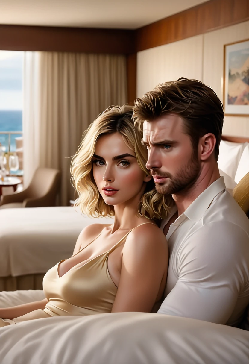 Generate the image of a couple. 
 The beautiful Ana de Armas, gold eyes, short wavy blonde hair. 
And the beautiful Chris Evans.
Both in a hotel suite, the scene denotes sensuality and passion.