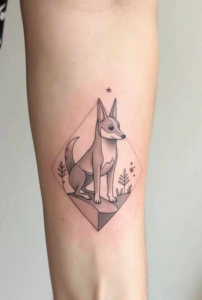 Create a minimalist and geometric tattoo of a dog based on the fox from the little prince 