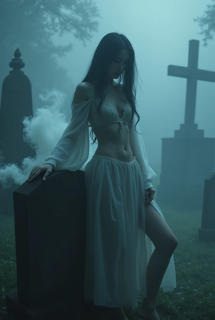 (Female ghost:1.7)、(((In the fog)))、((The body is blurred))、young woman、((Beauty))、Japanese、(Cute face)、1、((sexy))、Background Graveyard、(((Leaning on the grave)))、(((sexyな衣装)))、soul、(((Smoke is coming from below)))、(best quality,4K,8k,highres,masterpiece:1.2),ultra-detailed,(realistic,photorealistic,photo-realistic:1.37),HDR,uhd,studio lighting,ultra-fine painting,sharp focus,physically-based rendering,extreme detail description,professional,vivid colors,bokeh,cinematic lighting,dramatic shadow,